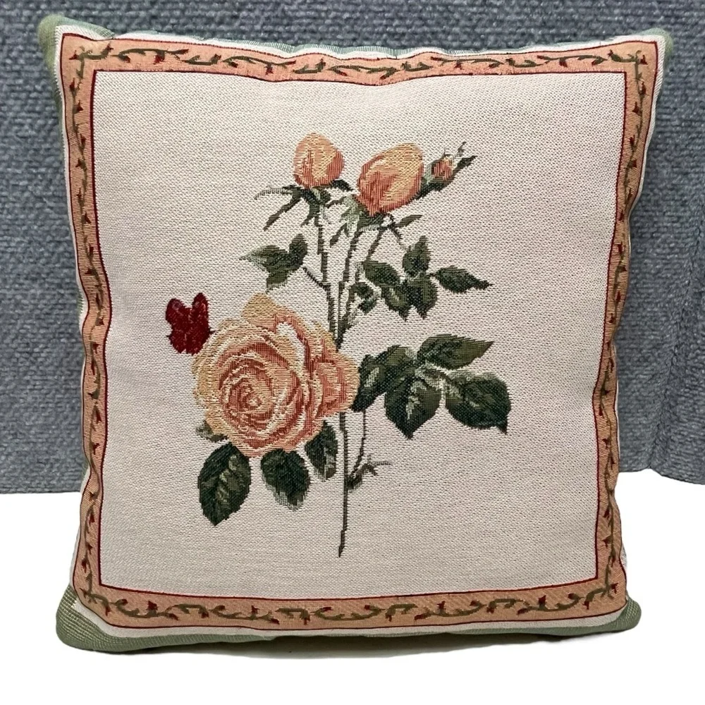 Pair of Vintage Rose Double-Sided Tapestry Pillows 13” x 13.5”